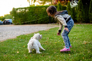 Little girl is playing with a puppy