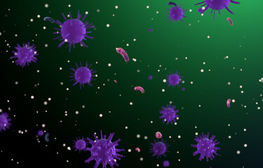 3D image purple cells surrounded by small organisms on a green background