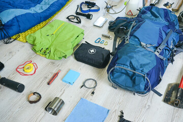 Things and accessories for tourism, travel and hiking, flat lay top view