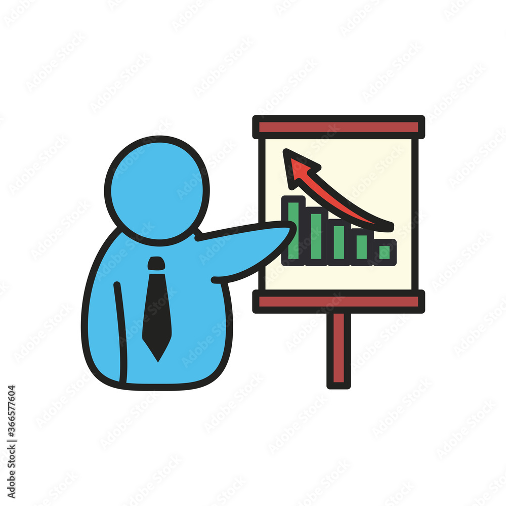 Poster businessman avatar with bars chart on board line and fill style icon vector design