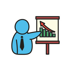 Businessman avatar with bars chart on board line and fill style icon vector design