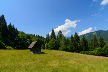Fototapeta na wymiar Old wooden house in mountains. Alone cabin in the mountain forest. Landscape with hause in mountains