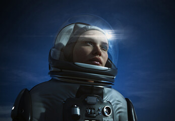 woman astronaut with glass helmet and dramatic lighting