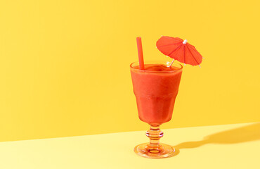 Strawberry smoothie glass. Healthy summer drink. Homemade slush
