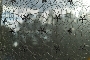Network white tulle on the window. The background is blurry