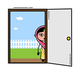 Cartoon Indian Woman looking from Door
