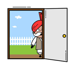Cartoon Haryanvi Old Man looking from Door