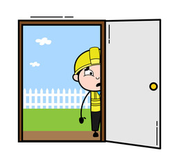 Cartoon Engineer looking from Door