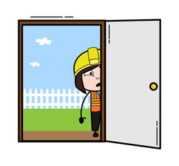 Cartoon Lady Engineer looking from Door