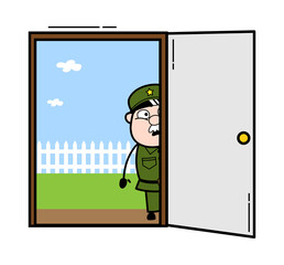 Cartoon Military Man looking from Door