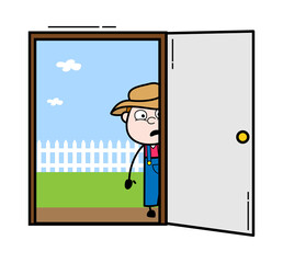 Cartoon Farmer looking from Door