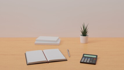 3D rendered illustration of a wooden desk with open notebook, calculator, and decorative plant
