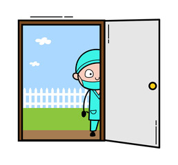 Cartoon Surgeon looking from Door