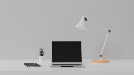 3D rendered illustration of a desk with laptop computer, lamp, notebook and decorative plant. Ideal for digital office, home office