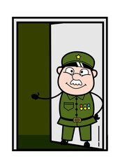 Cartoon Military Man Standing at door