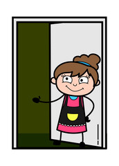 Cartoon Beautician Standing at door