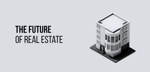 Minimalistic 3D illustration on light grey background with space for your text, copy. Banner, website Hero section image. Architecture, house, commercial building, accommodation. Real estate, property