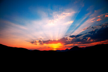 Mountain valley during sunrise. Natural summer landscape