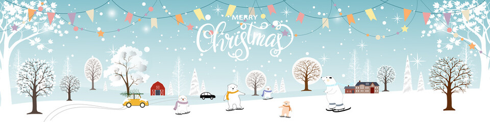 Panoramic of winter landscapes with snow,Vector of horizontal banner of winter wonderland with cute polar bear family celebrating in Christmas eve, Merry Christmas and Happy New year background.