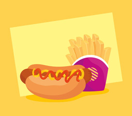 fast food, delicious hot dog with french fries on yellow background