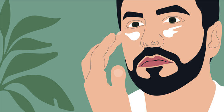 Young Man With Beard Apply Face Cream On The Eyes Area. Flat Style Color Vector Illustration. Men's Skin Care Concept. 	