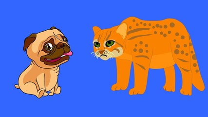 An illustration 3D of a happy puppy and an angry cat 