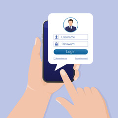 User login smartphone for site design. Mockup application page user interface. Phone, mobile, smartphone, mockup. Device screen. Business icon.