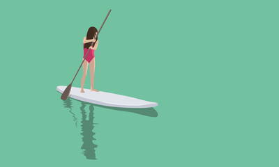 Girl child standing on sup board on river