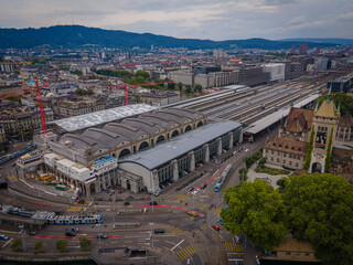 Zurich central train station drom above - drone footage