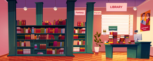 Bookstore interior with shelves, desk and cashier counter. Vector cartoon illustration of empty book shop or library with fantasy and biography literature, bestsellers on desk
