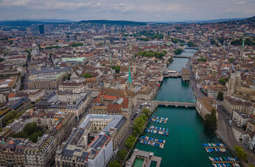Flight over River Limmat in Zurich Switzerland - drone footage