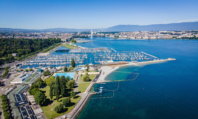 Obraz premium Aeial view over Lake Geneva in Switzerland - drone photography