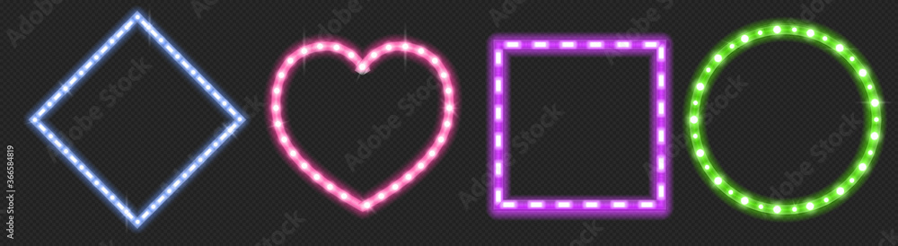 Poster led strips in shape of heart, circle and square with neon glow effect isolated on transparent backgr