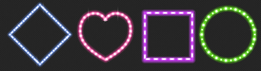 Led strips in shape of heart, circle and square with neon glow effect isolated on transparent background. Vector realistic set of colored light stripes, frames with glowing tape