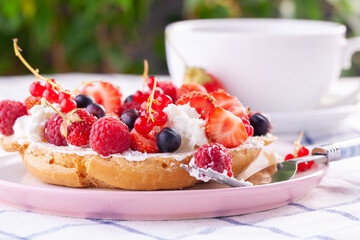 dessert with fresh berries on a white background. Sweet roll