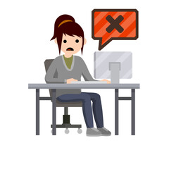 Error message in computer. Shocked woman sit at table with monitor. Hacking data system. Cartoon flat illustration. Office work and freelance. Virus and bug. Problem with program