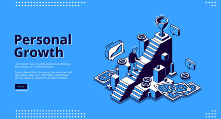 Personal growth banner. Concept of self build career, development, professional progress. Vector landing page of goal achievement with isometric man rises up on steps