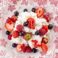 dessert with fresh berries on a red vintage plate. Farm cottage cheese