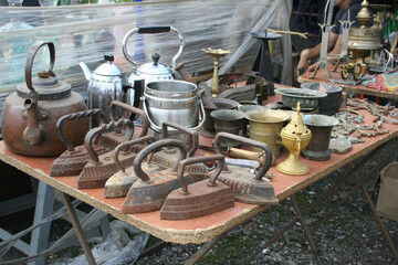 Old Glassware, Crockery, Pottery and other Second Hand Stuff in a Flea Market, Moscow, Russia