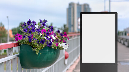 empty street banner with blank mock-up stands on bridge at city flowers in pot hangs on railing