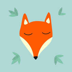 Cartoon animal portrait with sleepy fox face. Vector illustration with wild predatory animal. Beautiful design for printing greeting card, poster, t-shirt, baby clothes, fabric