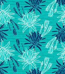 Seamless pattern with Cactus Flowers in blue tones
