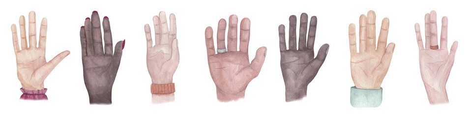 Hand of a person of different nationalities. Drawing watercolor. Set of elements isolated on white background