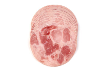 Thinly Sliced Ham, boiled sausage, close-up, isolated on white background