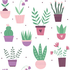Seamless pattern with home plants, cactus, succulent. Vector flat illustration. Botany  illustrations of gardening. Can be used as clothing design, textiles, bed linen, stationery, packaging paper.