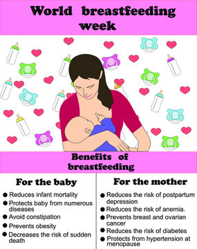 
D&iacute;a Mundial de la Lactancia Materna, la madre amamanta a su peque&ntilde;o beb&eacute;, biberones y chupetes en el fondo, texto que explica los beneficios de la lactancia materna para el beb&eacute; y la madre