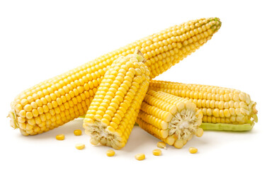 Peeled ear of corn whole and half on a white background. Isolated