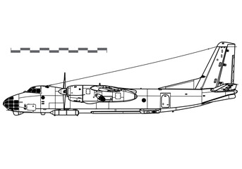 Antonov An-30 Clank. Vector drawing of tactical reconnaissance and transport aircraft. Side view. Image for illustration and infographics.