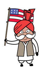 Cartoon Haryanvi Old Man holding Flag of USA