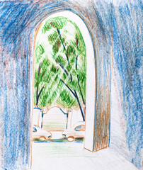 sketch of passage from urban yard to street in city in summer hand-drawn by color pencils on white paper